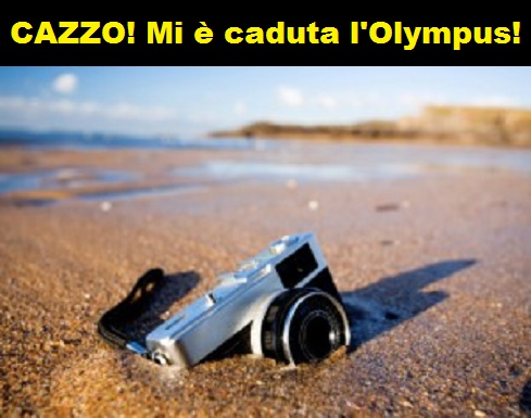 Foto di una macchina fotografica caduta in acqua con vignetta che recita: cazzo, mi è caduta la Olympus!