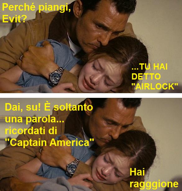 Vignetta dal film Interstellar con il protagonista che abbraccia la figlia che piange perché nel doppiaggio ha sentito la parola airlock