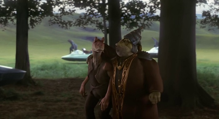 Scena di Star Wars episodio 1 la minaccia fantasma. Jar Jar Binks e Boss Nass