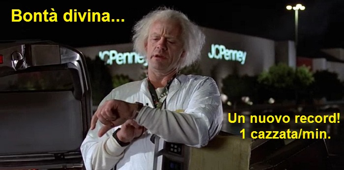 Doc Brown dal film Ritorno al futuro che guarda l'orologio e dice: bontà divina, una cazzata al minuto