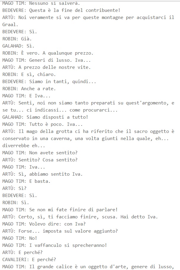 Estratto dal copione italiano di Monty Python e il Sacro Graal, battuta sull'IVA