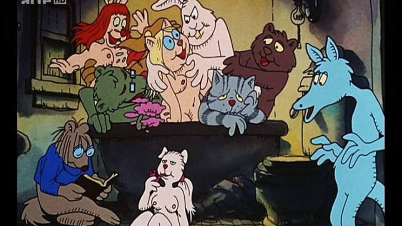 Scena dal film Fritz il gatto, l'orgia degli animali nel bagno