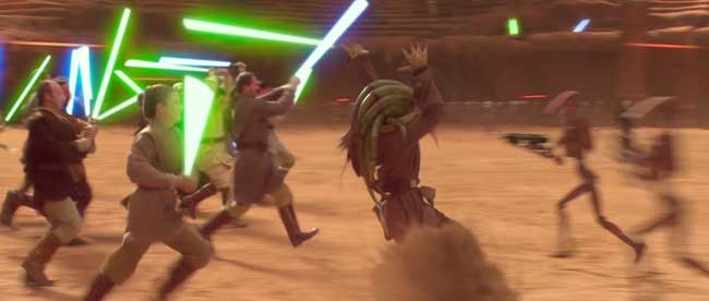 Jedi che combattono con spade laser nel film Star Wars Episodio II l'attacco dei cloni