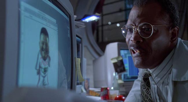 Samuel Jackson in Jurassic Park che si arrabbia al computer
