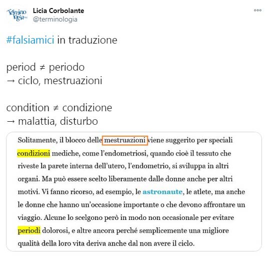 Tweet di Licia Corbolante sulla parola period tradotta erroneamente come periodo