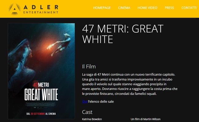 sito web della Adler Entertainment con locandina di 47 metri great white