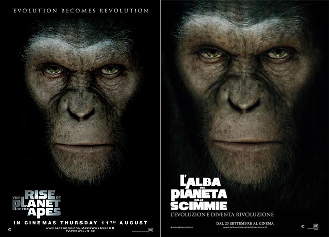 Locandina italiana e originale di L'alba del pianeta delle scimmie a confronto. Titolo originale Rise of the planet of the apes